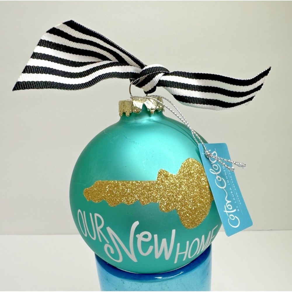 Coton Colors Our New Home Christmas Ornament Aqua Glass Ball Tags
